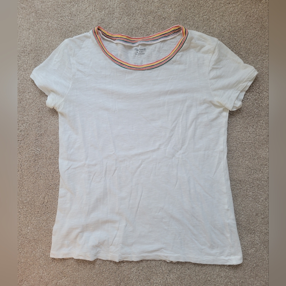 Madewell White Whisper Cotton Ringer Tee, Rainbow Collar Size XXS